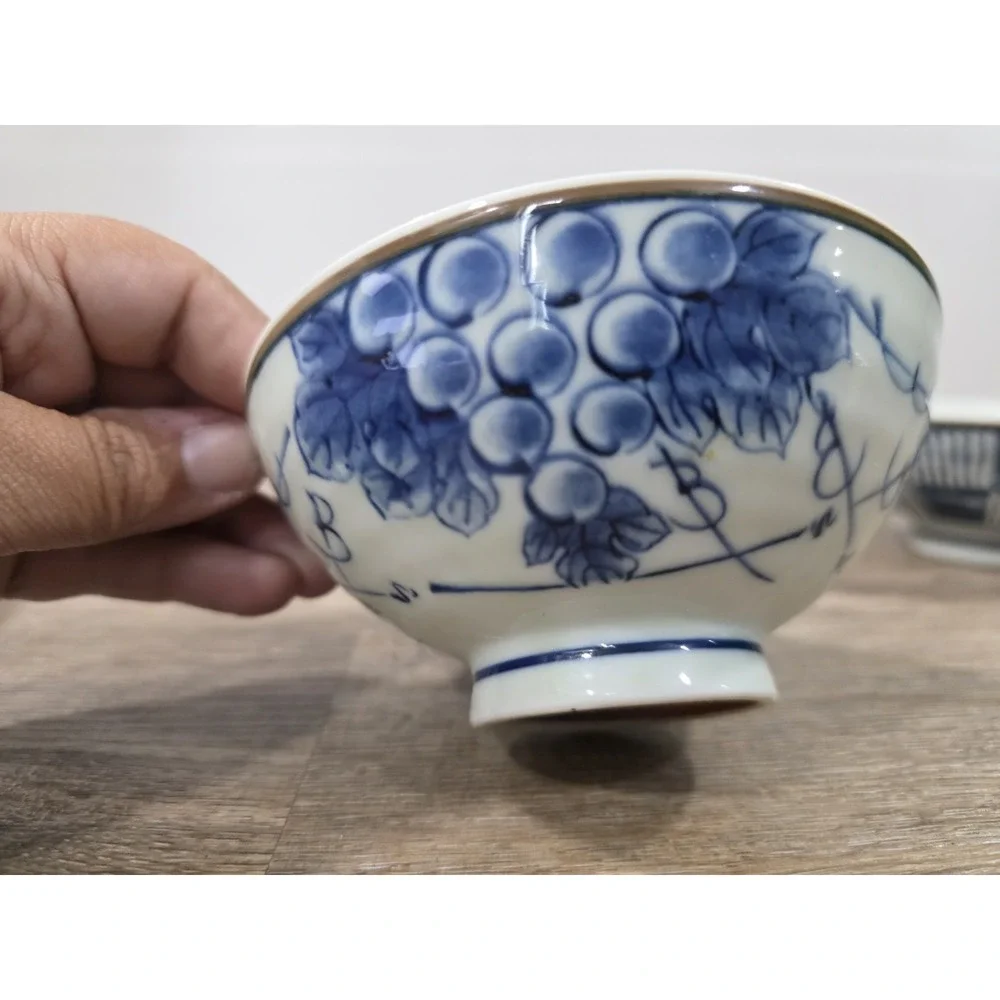 4 Japanese Blue & White Rice Bowls Floral, Mismatched 2